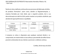 NOTA TÉCNICA 04/2024 - DESCONTINUAÇÃO DO PRODUTO : Reservatório Hermético Plástico 10L - Azul 7x24.